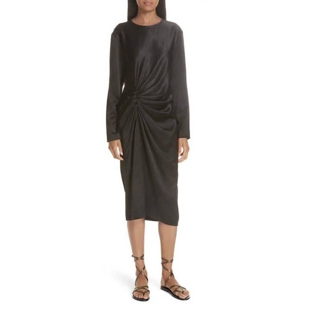 Helmut Lang Ruched Crinkle Satin Midi Dress Size 12 Black NWT $645 MSRP